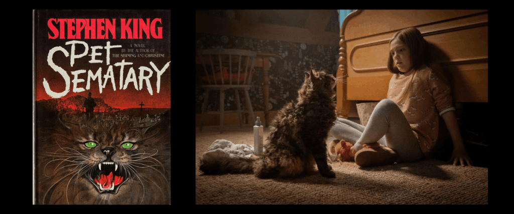 At left, the cover of Stephen King's 1883 masterpiece Pet Sematary. At right, Church the cat, just back from the dead, shares a moment with Ellie.